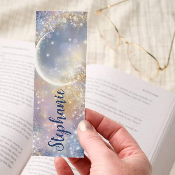 Large Crescent Moon Sparkling Stars Custom Bookmarks