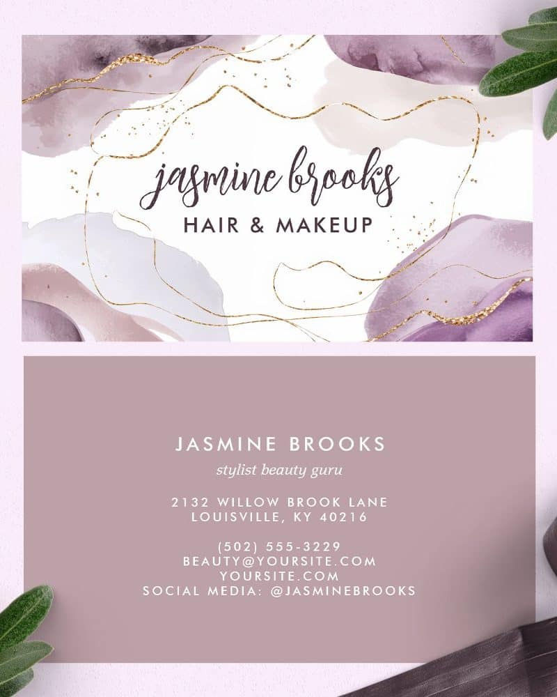 Business card for Jasmine Brooks, hair and makeup stylist.