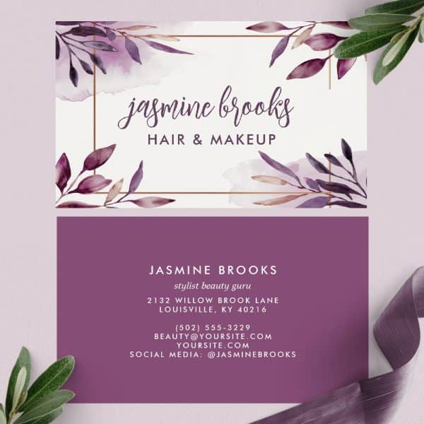 Two-Part Business Card For Jasmine Brooks, Hair And Makeup Stylist. The Top Features Watercolor Floral Design And The Name. The Bottom Has Contact Information.