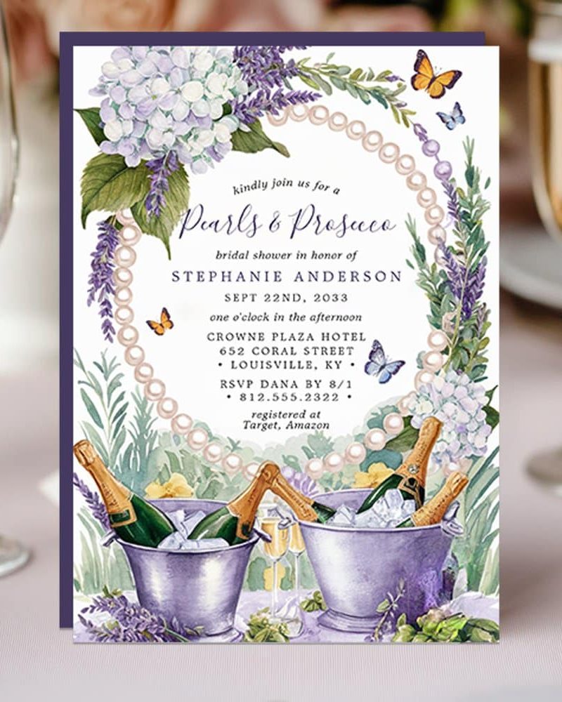 Bridal shower invitation for Stephanie Anderson, featuring lavender, hydrangeas, pearls, and champagne in ice buckets.