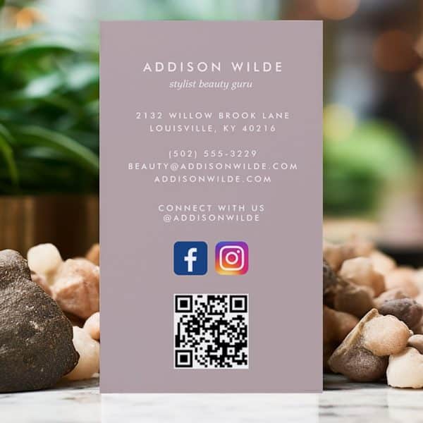 Addison Wilde Stylist Beauty Guru Business Card With Contact Information, Social Media Icons, And Qr Code.