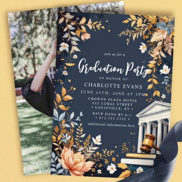 Graduation Party Invitation For Charlotte Evans, Featuring Floral Designs And Legal Imagery.