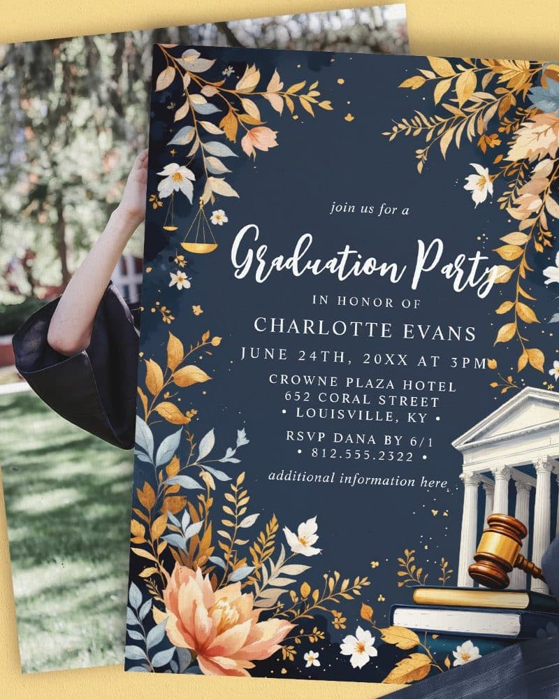 Graduation party invitation for Charlotte Evans, featuring floral designs and legal imagery.