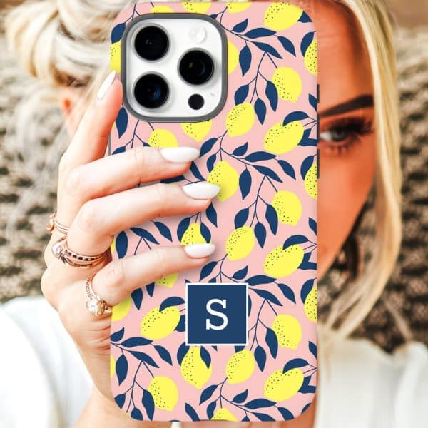 Phone Case With A Pink Lemon Pattern And The Initial S.