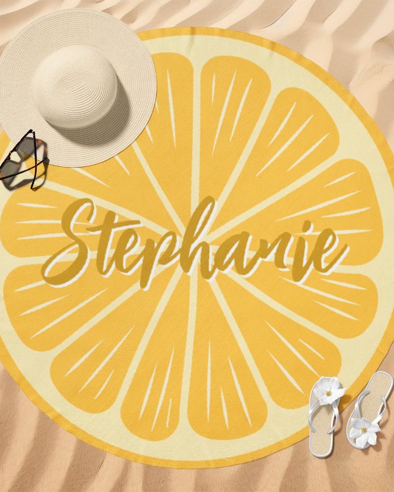 Personalized lemon-slice beach towel with the name Stephanie.