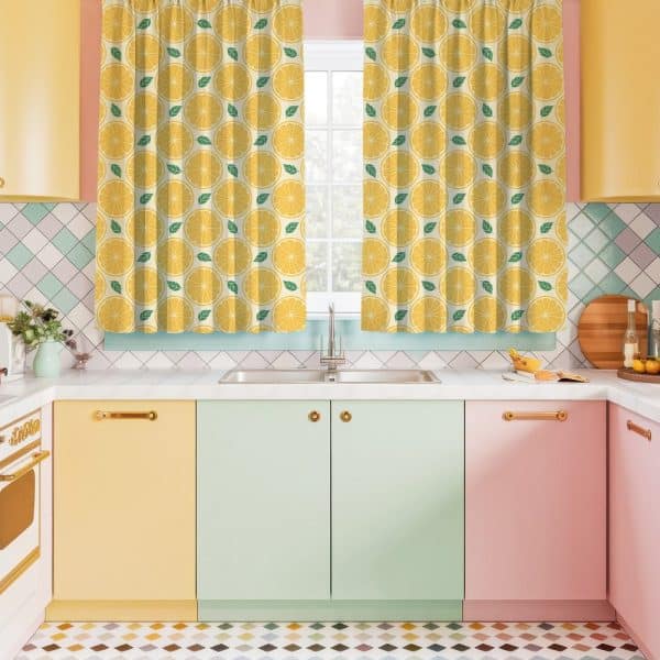 Lemon-Printed Kitchen Window Curtains.