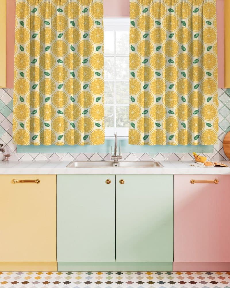 Lemon-printed kitchen window curtains.