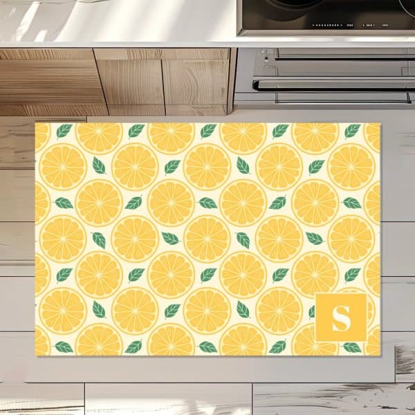 Yellow Lemon Slice Patterned Kitchen Mat With A Monogrammed S.