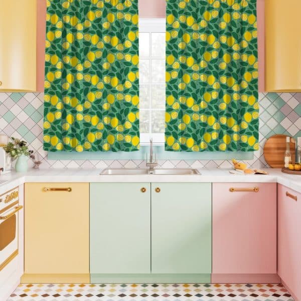 Lemon-Patterned Kitchen Window Curtains.