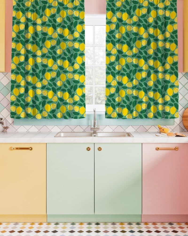 Lemon-patterned kitchen window curtains.