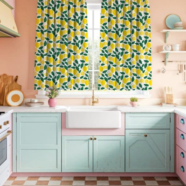 Lemon-Patterned Kitchen Curtains Hanging In A Pastel Kitchen.