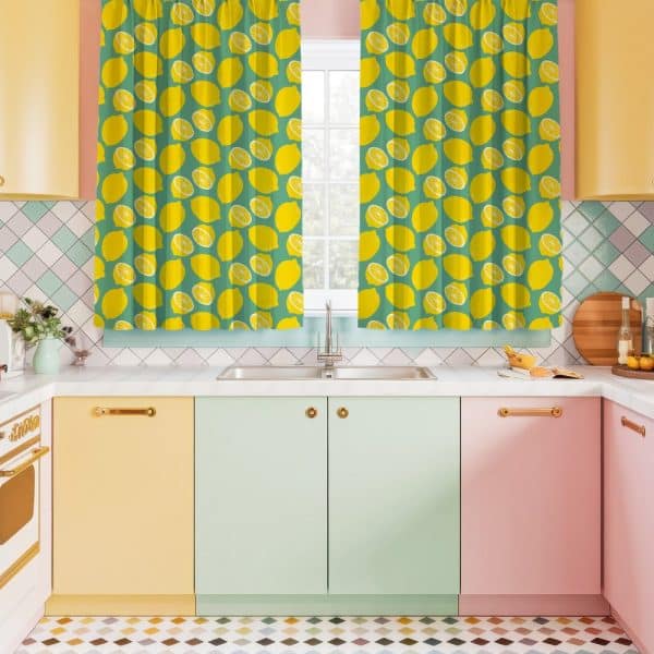 Lemon-Printed Kitchen Window Curtains.