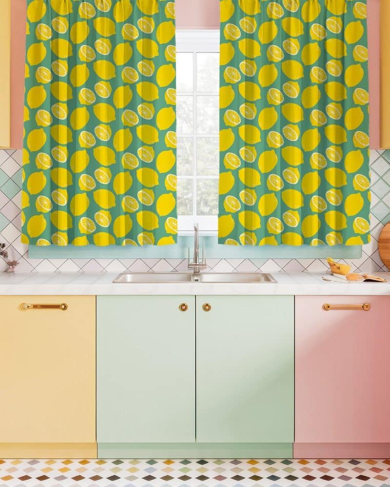 Lemon-printed kitchen window curtains.