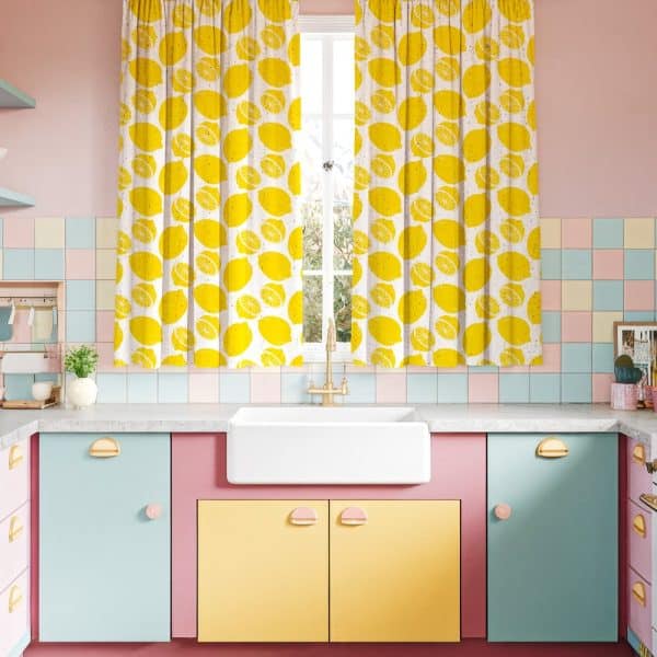 A Pastel Kitchen With Lemon-Patterned Curtains.