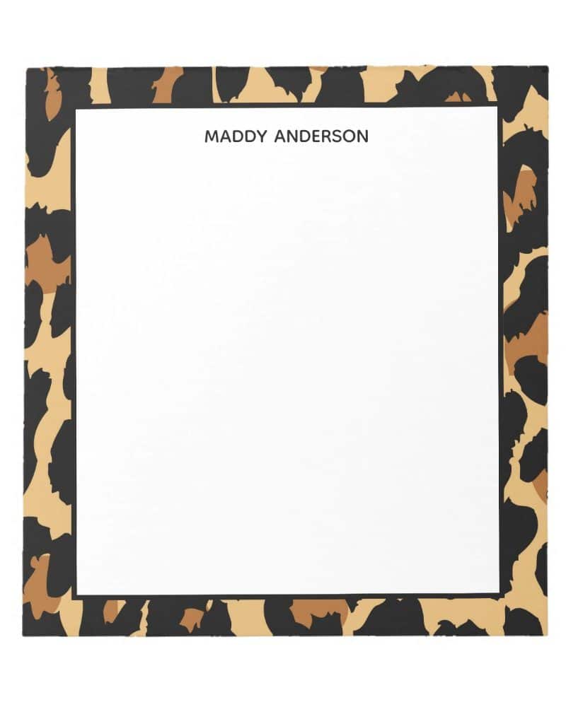 Personalized notepad with a leopard print border.