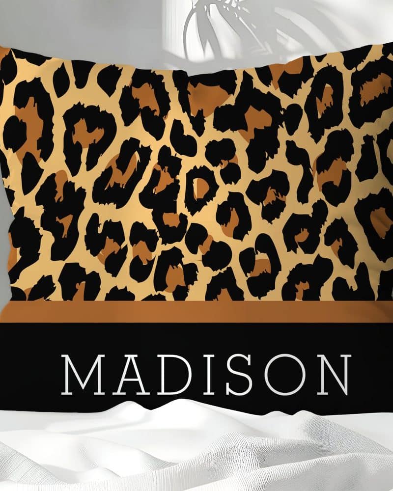 Leopard print pillow with the name Madison.