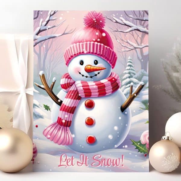A Cheerful Snowman Wearing A Pink Hat And Scarf Stands In A Snowy Winter Scene. The Words Let It Snow Are At The Bottom.