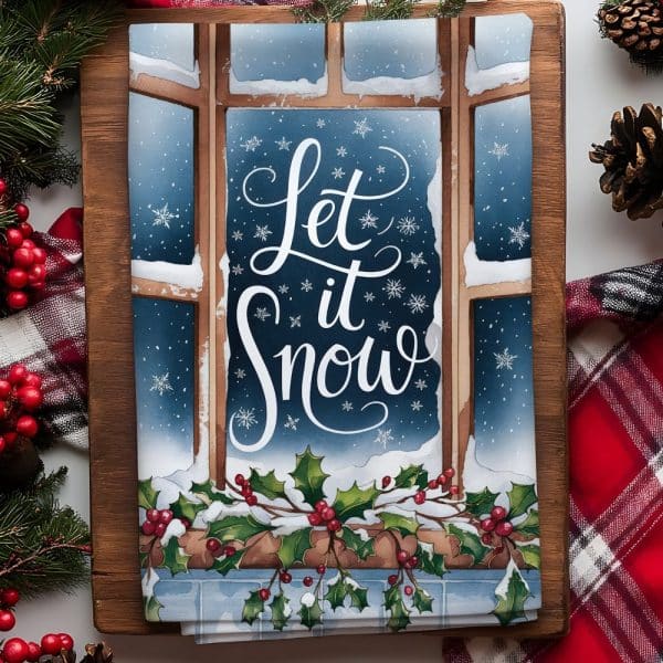 Christmas-Themed Kitchen Towel Depicting A Snow-Covered Window With The Text Let It Snow.