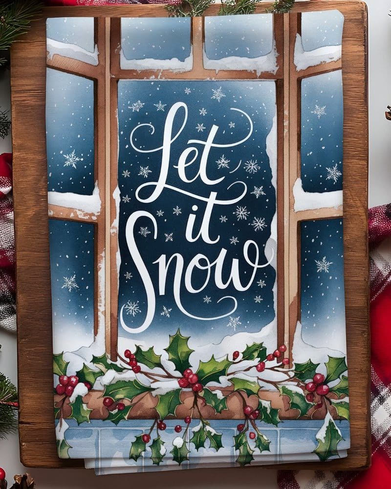 Christmas-themed kitchen towel depicting a snow-covered window with the text Let it Snow.