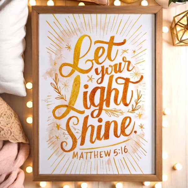 Framed Print With Gold Lettering That Says Let Your Light Shine, Matthew 5:16.