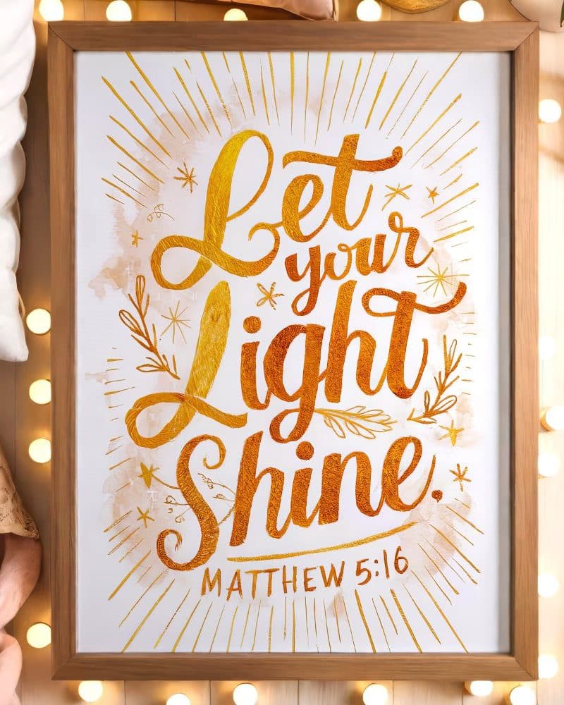 Framed print with gold lettering that says Let your light shine, Matthew 5:16.