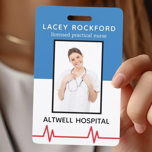 A Blue And White Id Badge For Lacey Rockford, A Licensed Practical Nurse At Altwell Hospital. A Photo Of The Nurse Is Included.