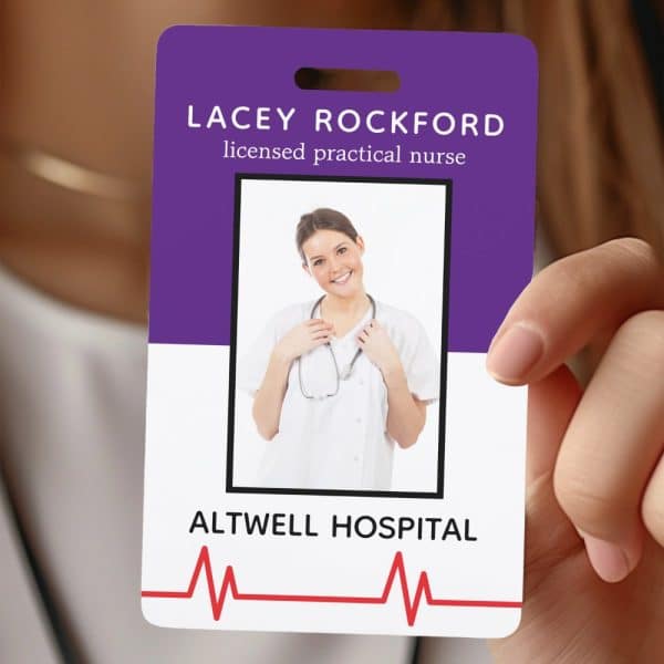 Purple Id Badge For Lacey Rockford, Licensed Practical Nurse At Altwell Hospital. A Photo Of The Nurse Is Included.