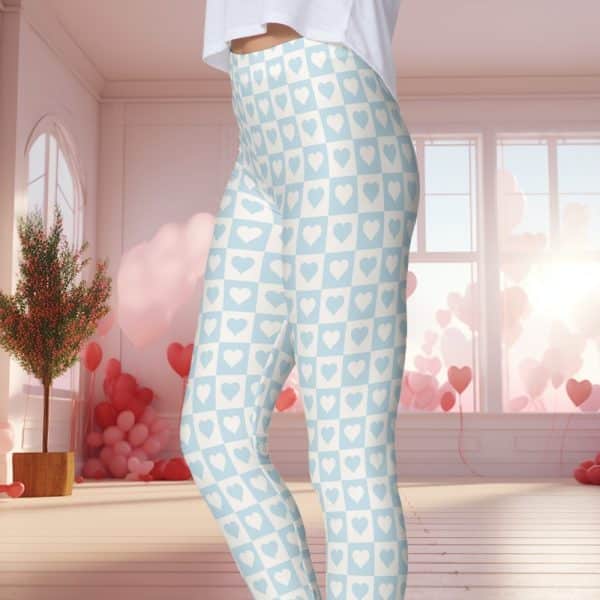 Light Blue Leggings With A Pattern Of White Hearts In A Checkerboard Design.