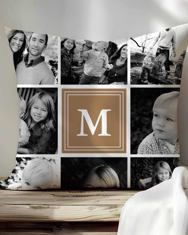 A square pillow with a collage of black and white family photos and a large brown initial M in the center.