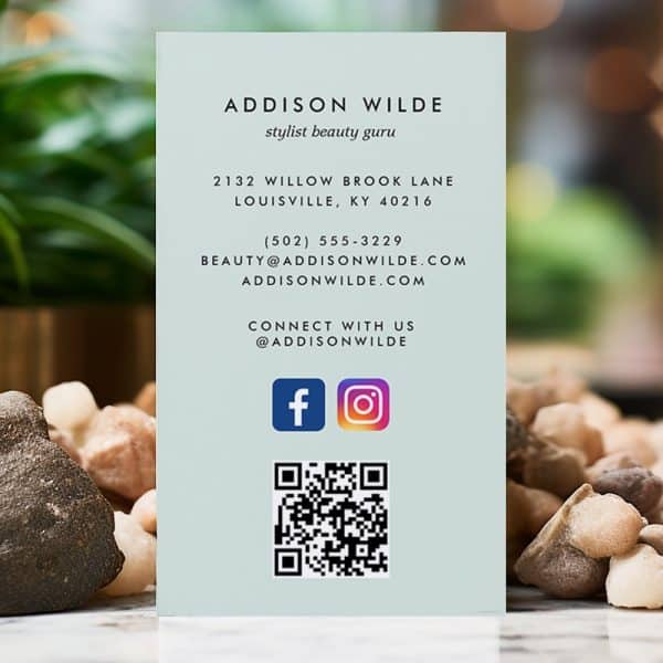 Addison Wilde Stylist Beauty Guru Business Card With Contact Information, Social Media Handles, And Qr Code.
