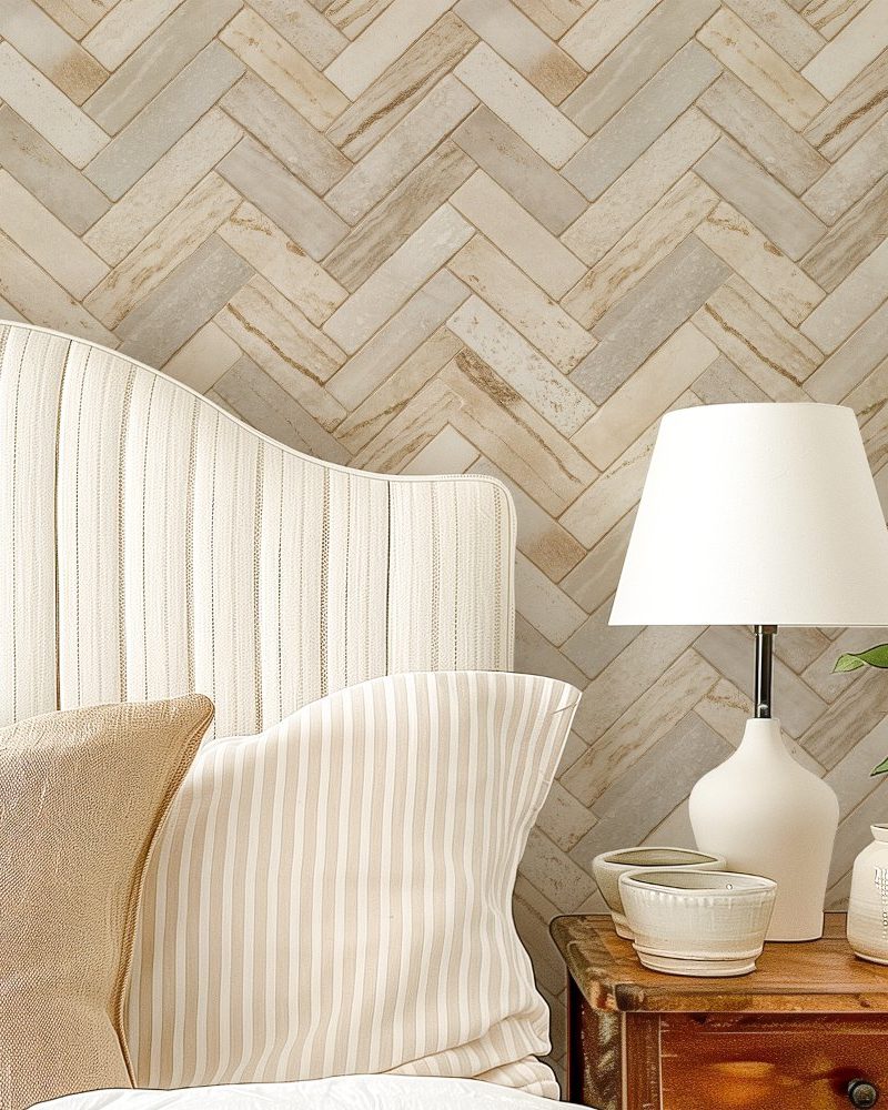 Beige striped headboard with matching pillows against a herringbone patterned wall.