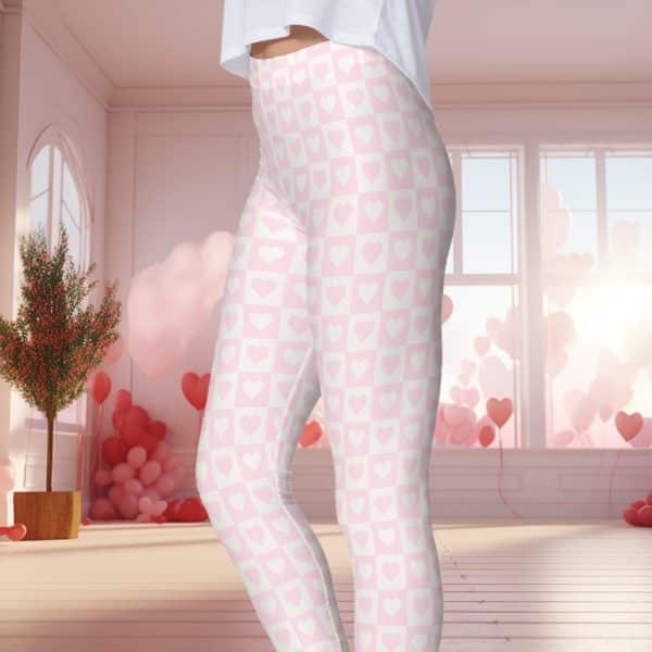 Pink Leggings With A Pattern Of Light Pink Hearts In A White Checkered Design.