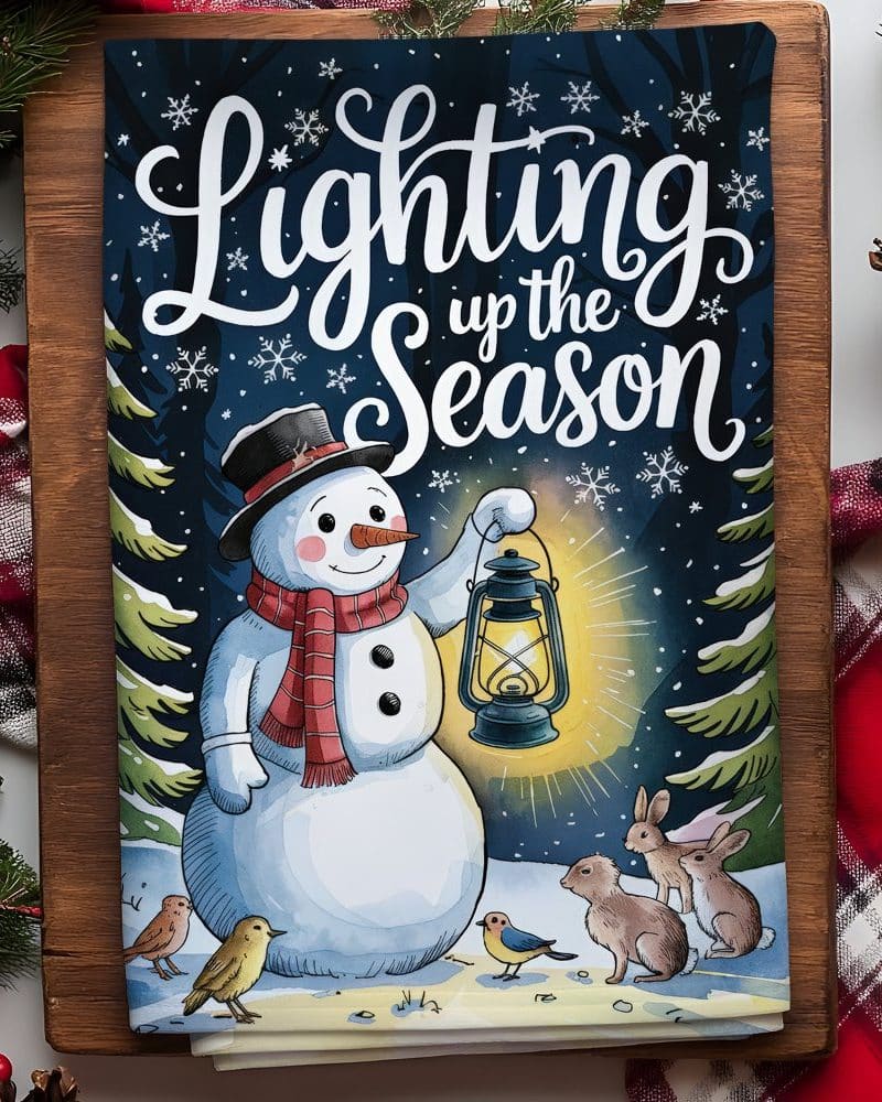 A cheerful snowman holding a lantern, surrounded by small animals, in a snowy winter scene. The text "Lighting up the Season" is displayed above.