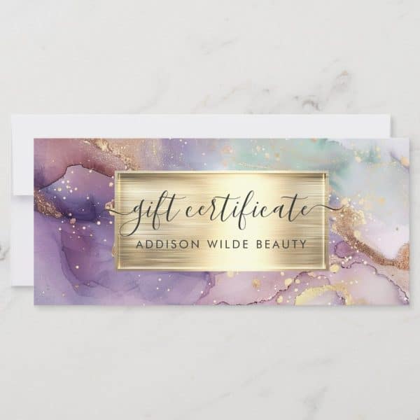 Gift Certificate For Addison Wilde Beauty, Featuring A Purple, Gold, And Mint Abstract Design.