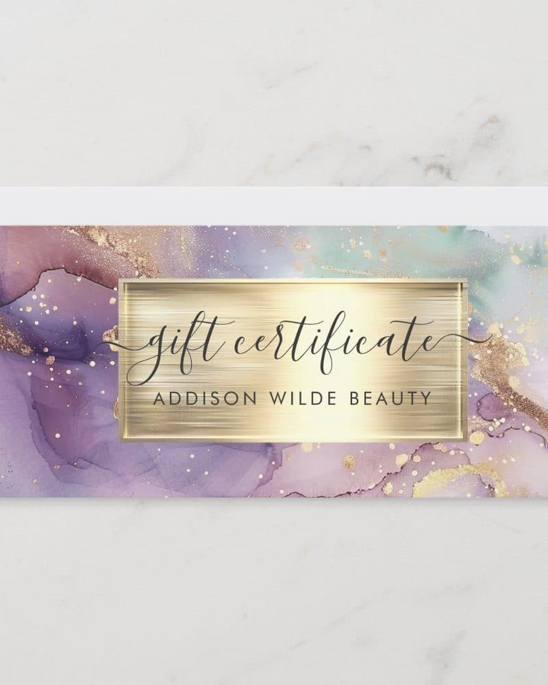 Gift certificate for Addison Wilde Beauty, featuring a purple, gold, and mint abstract design.