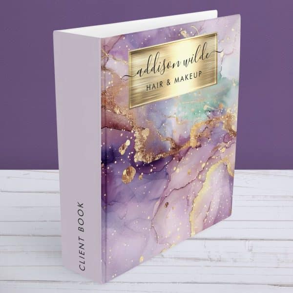 Client Book With An Abstract Purple, Gold, And Mint Green Marble Design And Addison Wilde Hair &Amp; Makeup Logo.
