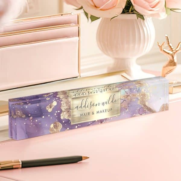 Purple And Gold Acrylic Desk Nameplate With The Name Addison Wilde And Hair &Amp; Makeup.