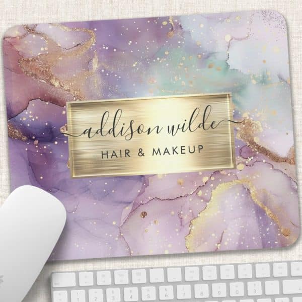 Mousepad Featuring A Purple And Gold Abstract Design With The Name Addison Wilde Hair &Amp; Makeup.