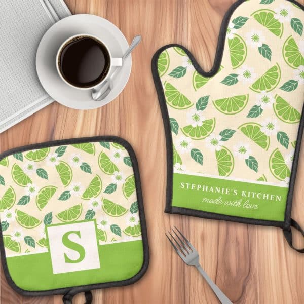 Personalized Lime-Patterned Oven Mitts And Pot Holder.