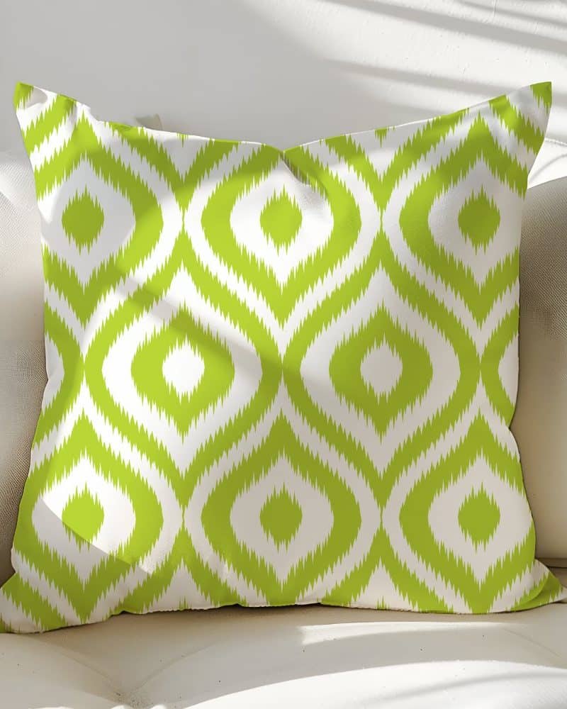 Lime green and white patterned throw pillow with an ikat design.