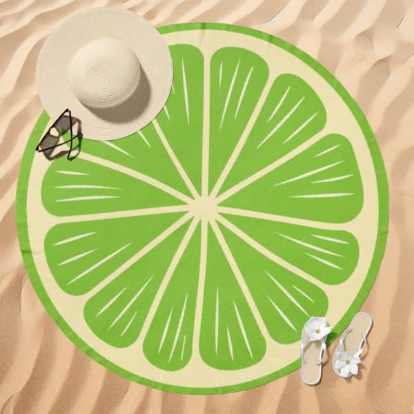 Round Lime Beach Towel On Sand.