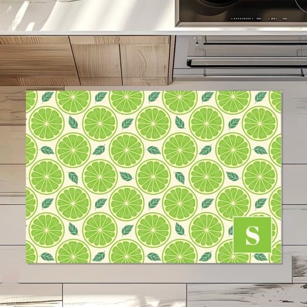 A Kitchen Mat With A Repeating Pattern Of Green Lime Slices And Leaves, Personalized With A Letter S.
