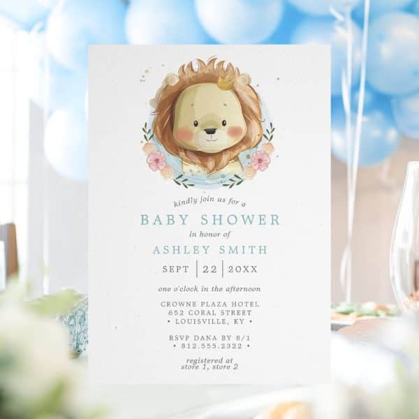 Baby Shower Invitation Featuring A Cute Lion Wearing A Crown And Surrounded By Flowers.