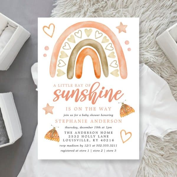 Baby Shower Invitation Featuring A Watercolor Rainbow With Hearts And Butterflies.