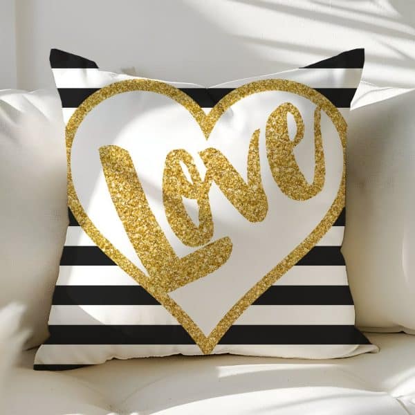 Gold Glitter Love Heart On Black And White Striped Pillow.