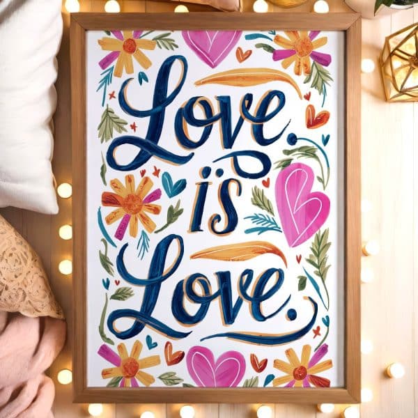 Framed Artwork With The Words Love Is Love In Stylized Lettering, Surrounded By Flowers And Hearts.