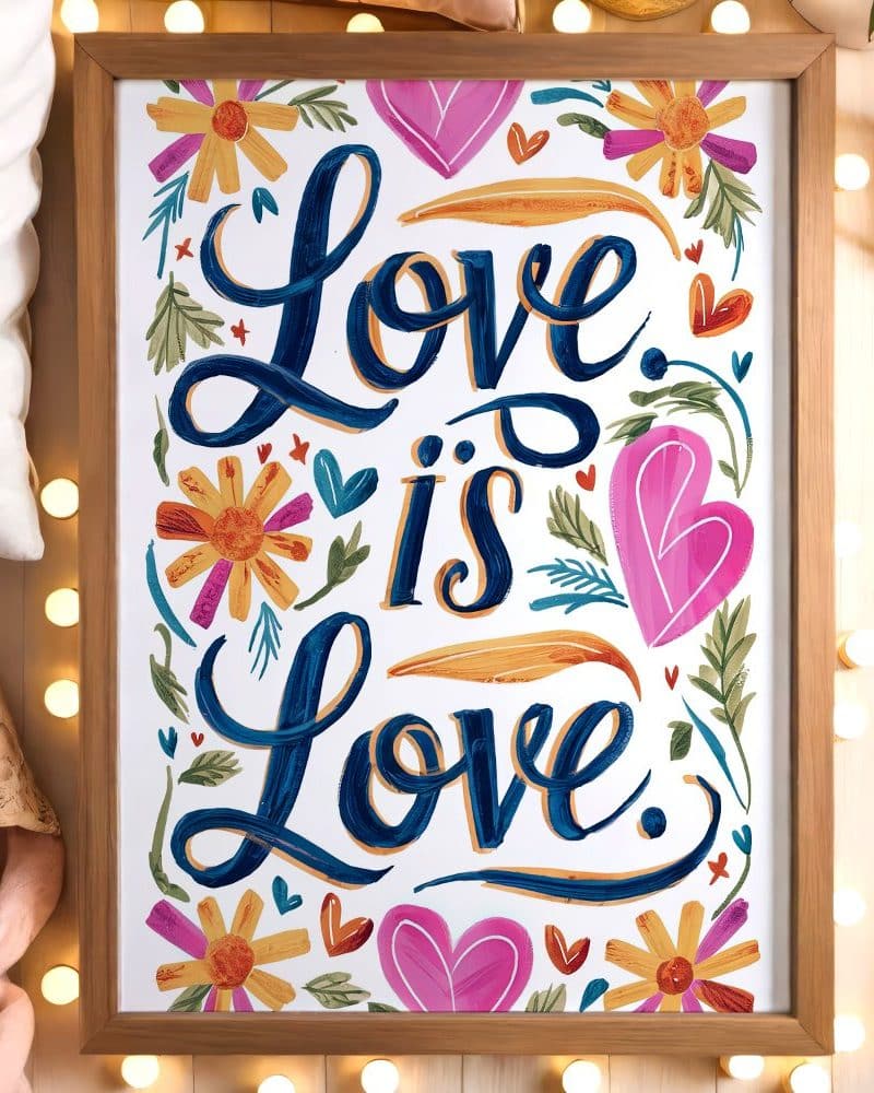 Framed artwork with the words Love is Love in stylized lettering, surrounded by flowers and hearts.