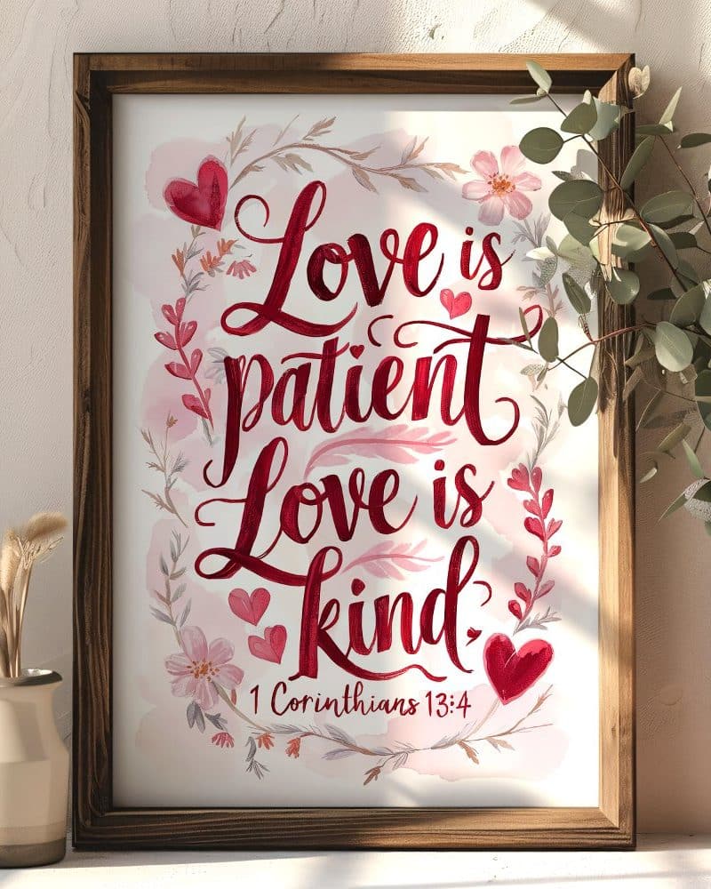 Framed art print with a watercolor floral design and the text Love is patient, Love is kind, 1 Corinthians 13:4 in red script.