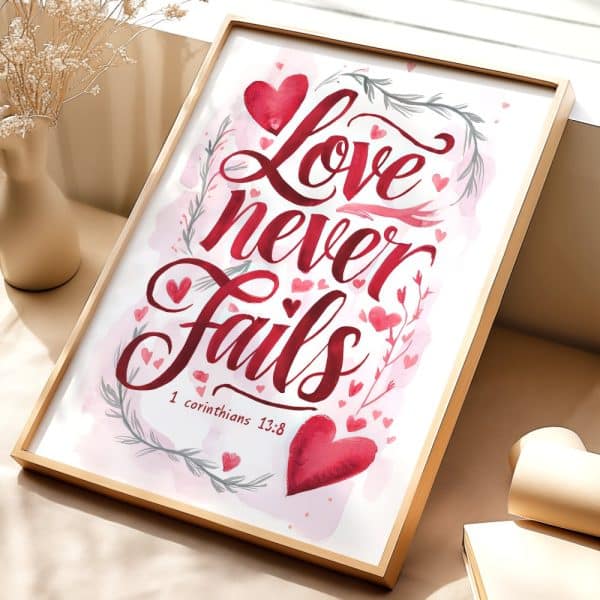 Framed Watercolor Print With The Text Love Never Fails And 1 Corinthians 13:8. Red Script Lettering With Smaller Hearts And Floral Details.