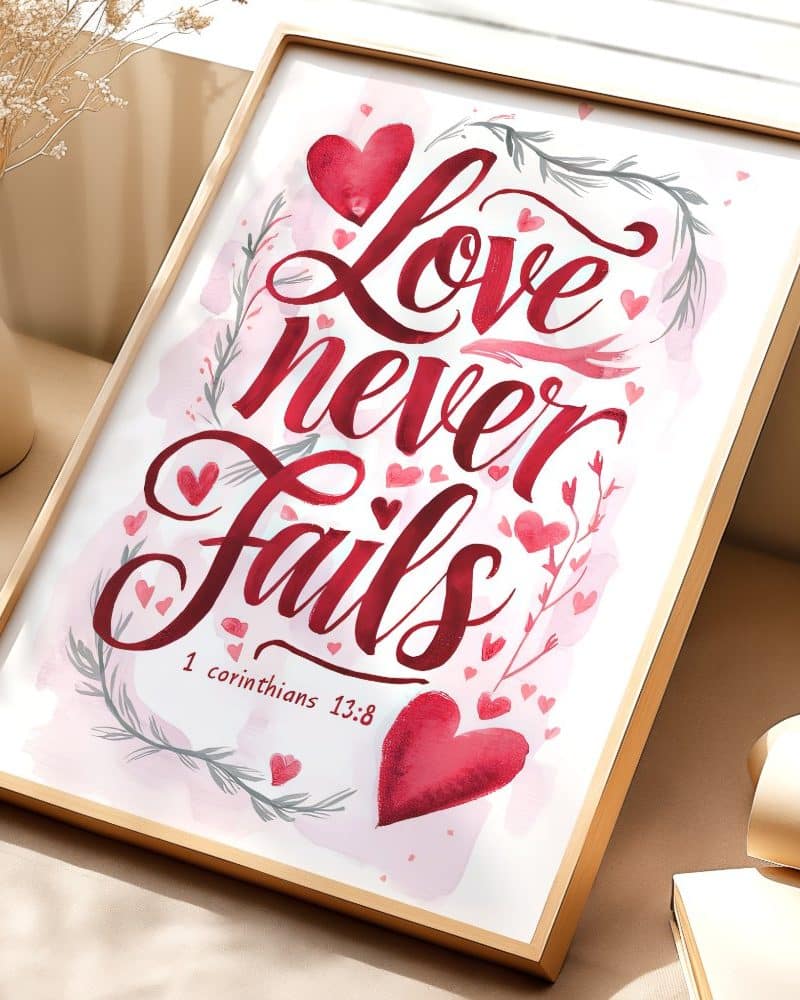 Framed watercolor print with the text Love Never Fails and 1 Corinthians 13:8. Red script lettering with smaller hearts and floral details.